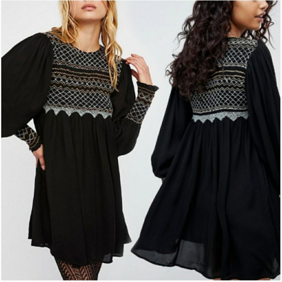 🆕 Free People Long Sleeve Black Dress. Smocked & Embroidery Detailed. NWT - Picture 15 of 15